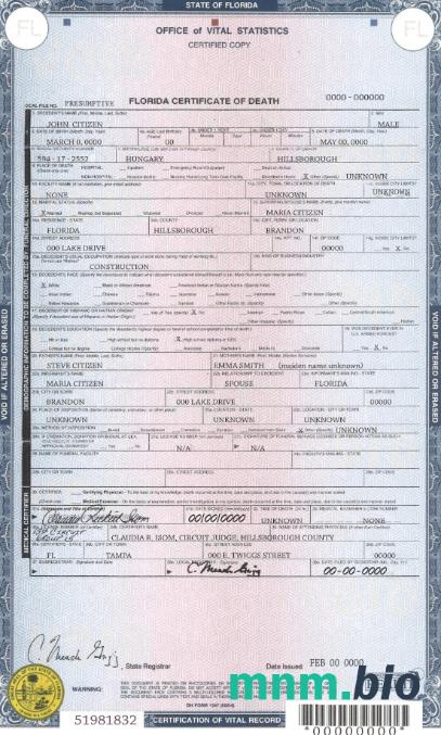 USA state Florida śmierć certyfikat szablon w formacie PSD